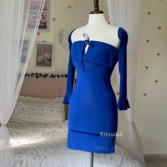 فستان لايكرا ون سايز مميز نيلي مع إيدين منفصلة
