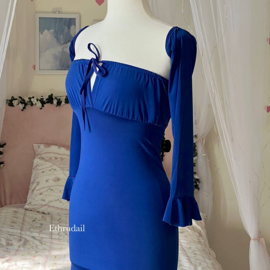 فستان لايكرا ون سايز مميز نيلي مع إيدين منفصلة